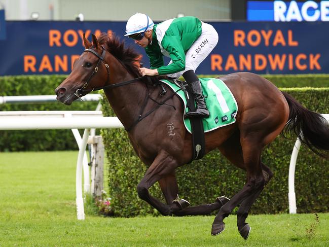 SYDNEY, AUSTRALIA - MARCH 02: Tommy Berry riding Manaal   wins Race 6 Sweet Embrace Stakes during TAB Verry Elleegant Stakes Day - Sydney Racing at Royal Randwick Racecourse on March 02, 2024 in Sydney, Australia. (Photo by Jeremy Ng/Getty Images)