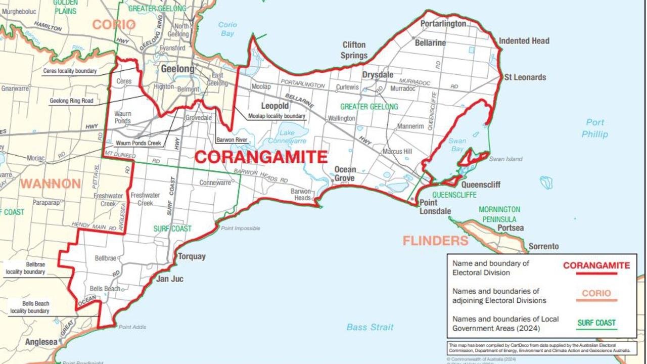 The boundaries of the Corangamite electorate were redrawn ahead of this year's federal election. Source: Australian Electoral Commission (2024).