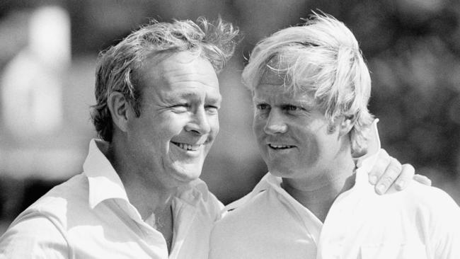 This April 4, 1973, file photo shows golfing greats Arnold Palmer and Jack Nicklaus on the course of Augusta National Golf Club.