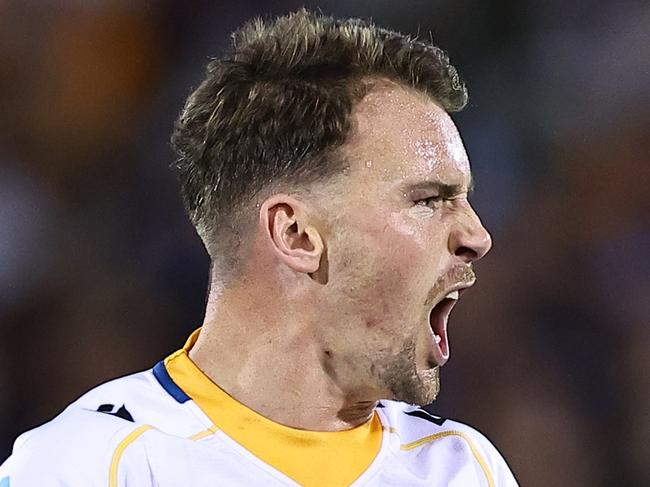 SYDNEY, AUSTRALIA - SEPTEMBER 06: Clint Gutherson of the Eels reacts during the round 27 NRL match between Wests Tigers and Parramatta Eels at Campbelltown Stadium, on September 06, 2024, in Sydney, Australia. (Photo by Jeremy Ng/Getty Images)