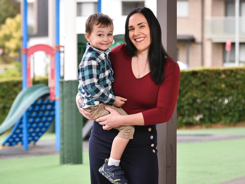 Jessica Craig, widow of Navy officer Peter Craig who was killed in a motorbike accident in 2017, and her son Jaxon, 3, posing for portrait at west Ride Long Day care Center, 42 Mons Avenue, west Ride. On 29/08/2019