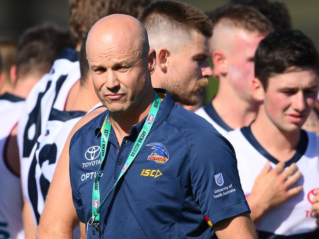 MELBOURNE, AUSTRALIA - FEBRUARY 22: Matthew Nicks the coach of the Crows looks on during the 2020 Marsh Community AFL Series match between the Melbourne Demons and the Adelaide Crows at Casey Fields on February 22, 2020 in Melbourne, Australia. (Photo by Quinn Rooney/Getty Images)