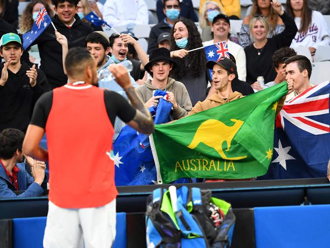 Nick Kyrgios feeds off the crowd, but it will be a different ball game on Rod Laver Arena. Picture: AFP