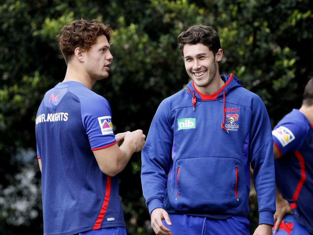 Nick Meaney (right) was stuck behind Kaylin Ponga at the Knights. Picture: AAP Image/Darren Pateman