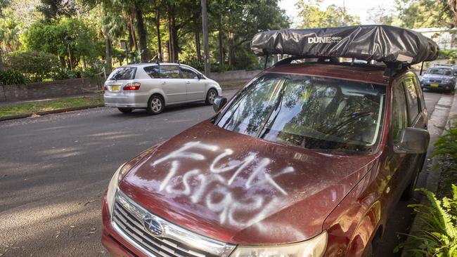 Cars were damaged overnight with anti-Israel graffiti in Sydney’s eastern suburb of Woollahra. Picture: jeremy Piper