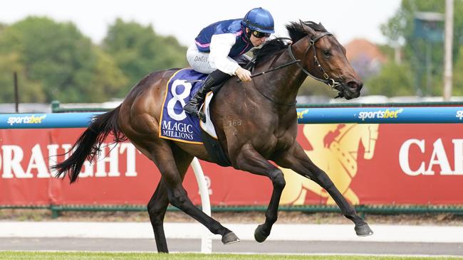 Invincible Woman and jockey Damian Lane will again combine in Saturday’s $3m Magic Millions 2YO Classic. Picture: Racing Photos