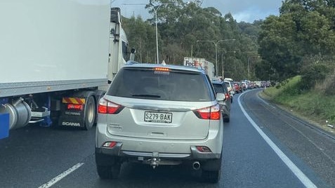 Traffic banked up on the South-Eastern Freeway after a truck broke down near Bridgewater. Picture: Claire Richter / Facebook