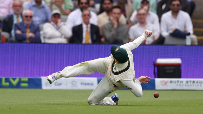 Steve Smith spectacularly drops a catch off Ben Stokes. Picture: Getty