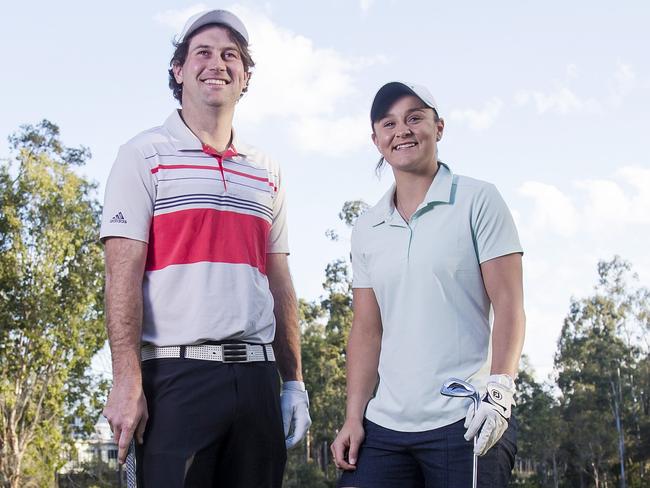 World women's number one tennis player Ash Barty, 24, with boyfriend Garry Kissick at Brookwater golf course at Springfield in Queensland. Pic Supplied