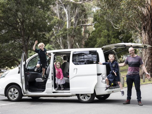 ELECTRIC CAR  Electric car owner Sam Moloney and his kids, Jack, Tula and Jasmine. At Waterworks Reserve, Dynnyrne. Picture Eddie Safarik