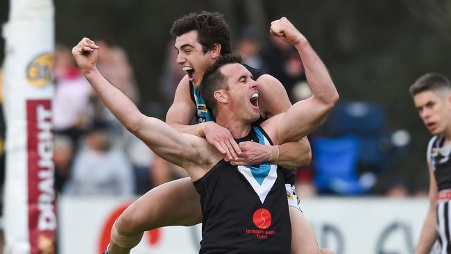 Ovens and Murray Football League Grand Final 2019. Lavington Panthers v Wangaratta Magpies. Lavington's Luke Garland and Shaun Mannagh. Picture: Mark Jesser, The Border Mail (Must credit)