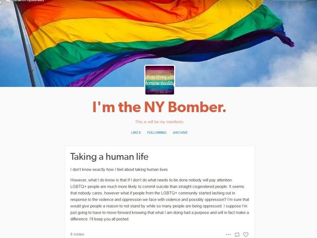 Investigators are “vetting” a website on which someone claiming to be the “NY bomber” took responsibility for the blast. Picture: nybomber.tumblr.com