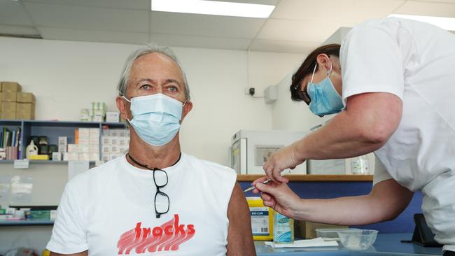 Steven Little, 67, from Coolum receiving his Astra Zeneca vaccination at the Sunny Street Tewantin vaccination centre. Picture Lachie Millard