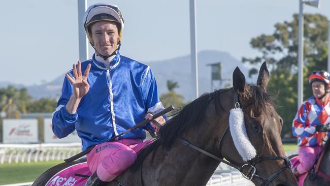 Ryan Plumb rode four winners at the Gold Coast on Saturday, September 22, 2018. Pictured here on the Les Kelly-trained Aggravate. Picture credit: Greg Irvine, Magic Millions.