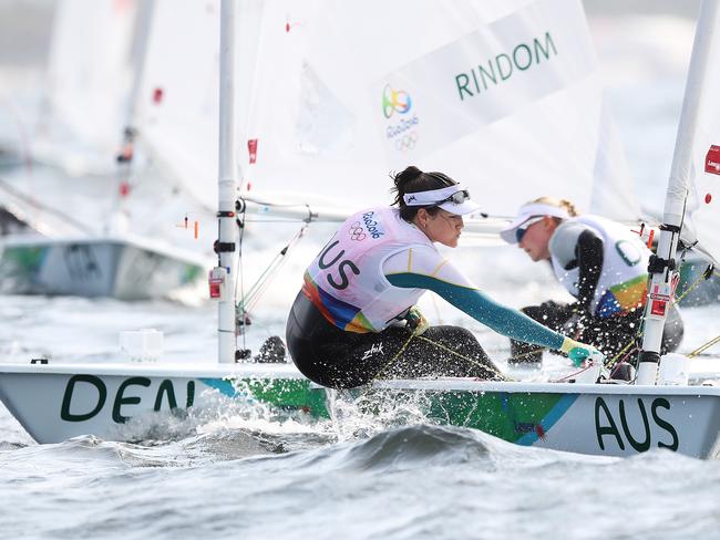 Australia's Ashley Stoddart sailing in Race 1 of the Women's laser radial at Marina da Gloria during day 3 of the Rio 2016 Olympic Games. Picture. Brett Costello