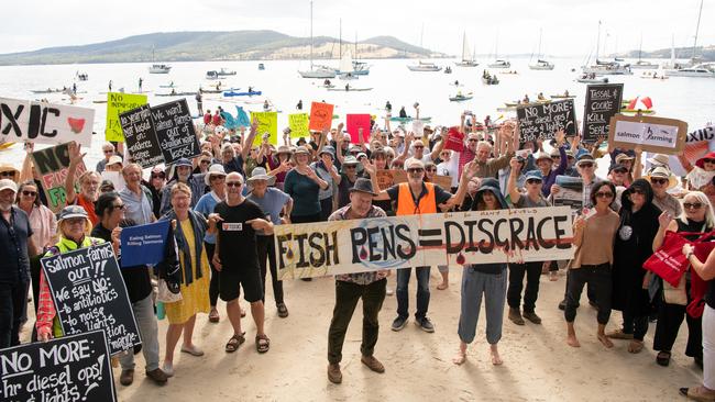 Anti-salmon farm protesters against Tasmiania’s controversial fish farms. Picture: Amy Brown