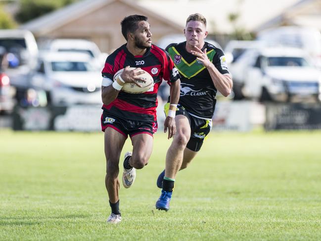 Alex Hinch runs to set up a try for Valleys against Helensvale in pre-season trial rugby league at Herb Steinohrt Oval, Saturday, March 13, 2021. Picture: Kevin Farmer