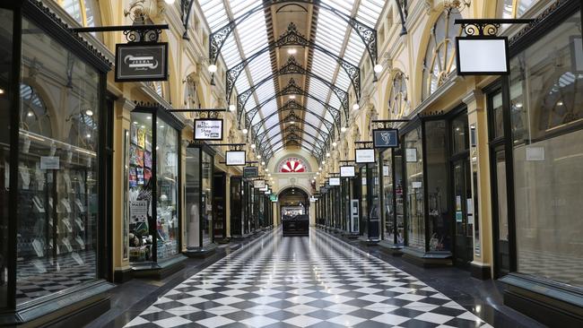 Melbourne’s Block Arcade during the first day of forced retail closures. Picture: David Crosling