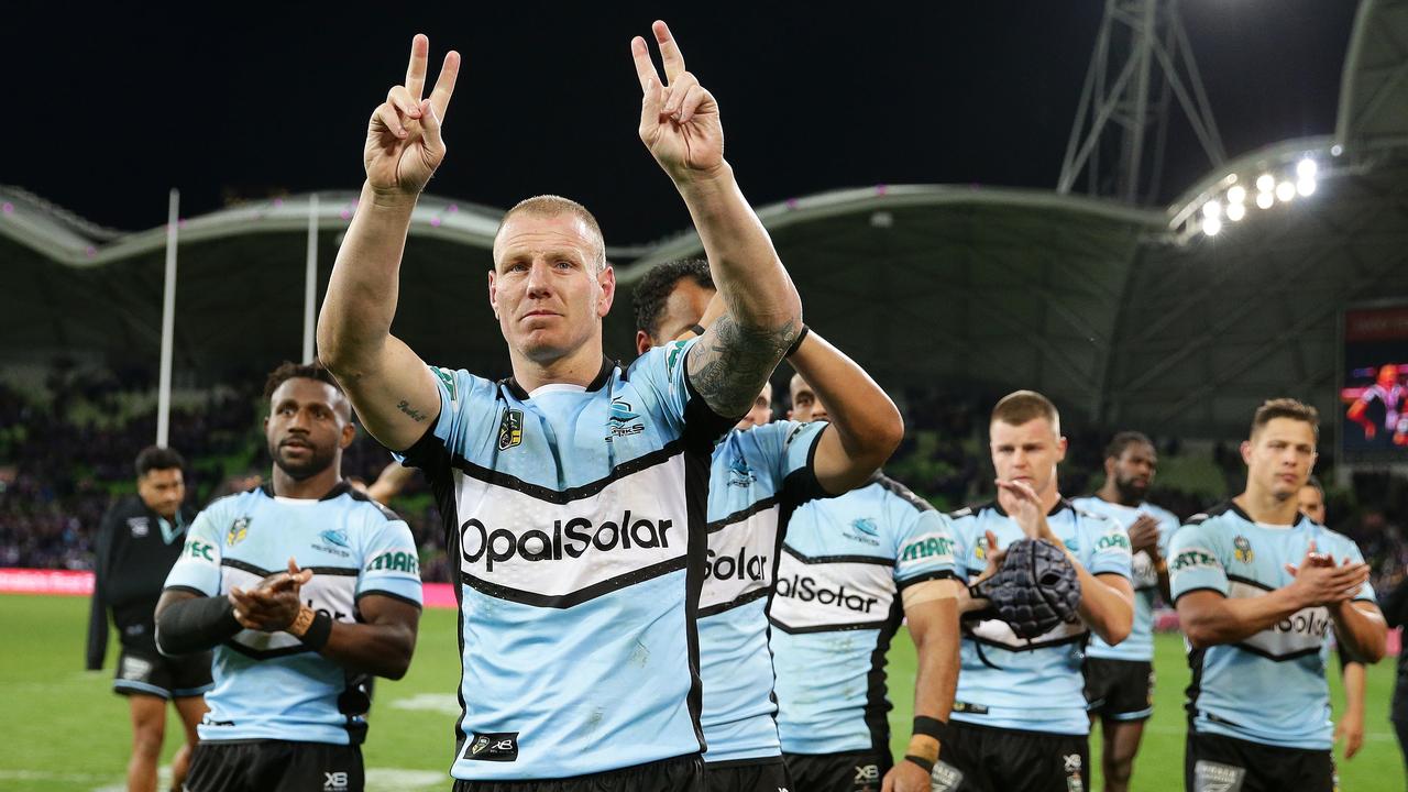 Luke Lewis thanks the crowd after the Sharks’ preliminary final loss. Picture: Brett Costello