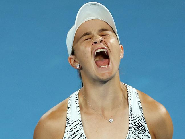 MELBOURNE, JANUARY 29, 2021: Australian Open Tennis 2022. Ashleigh Barty celebrates her win against Danielle Collins during the womens singles final on Rod Laver Arena. Picture: Mark Stewart