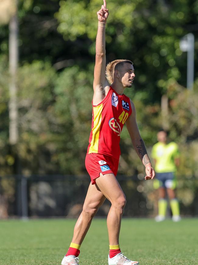 Former Wanderers star Joel Jeffrey celebrates a goal for the Suns during the VFL round 15 clash against Aspley Hornets on Saturday. Picture: Russell Freeman/AFL Photos via Getty Images