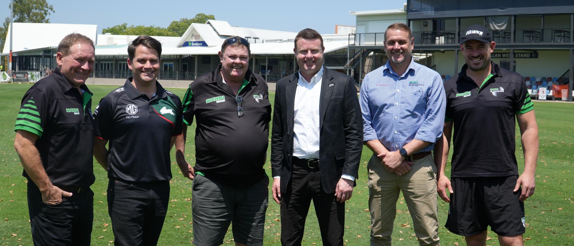 Townsville Blackhawks and South Sydney Rabbitohs officials Adrian Thompson, Brock Schaefer, Glenn Carroll, Blake Solly, Justin Wilkins and Terry Campese. Picture: Nathan Ferguson / Townsville Blackhawks