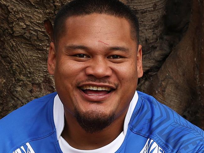 *WARNING CHECK WITH TIM MORRISSEY TELEGRAPH SPORT BEFORE USE* Samoa's Joey Leilua and brother Luciano Leilua during the Rugby League World Cup 9s Media Day at the Royal Botanical Gardens, Sydney. Picture: Brett Costello