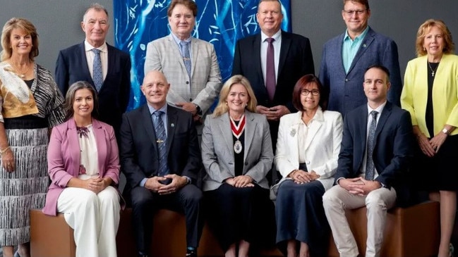 Redland City Council in 2024: (front row from left) Cr Rowanne McKenzie, Cr Peter Mitchell, Mayor Jos Mitchell, Deputy Mayor Julie Talty, Cr Jason Colley, (back row from left) Cr Wendy Boglary, Cr Shane Rendalls, Cr Lance Hewlett, Cr Paul Golle, Cr Paul Bishop and Cr Tracey Huges. Photo: Papillon Studio Photography