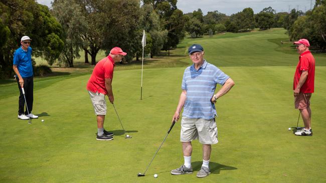 Ringwood Golf Club members, left to right, Bryan Condon, Gordon East, Alan Nelsen and Glenn Haslam on the green. Ringwood is Melbourne's largest club but faces an uncertain future. Picture: Paul Jeffers