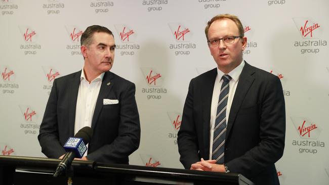 Virgin Australia CEO Paul Scurrah and administrator Vaughan Strawbridge of Deloitte who will try to restructure the airline’s finances. Picture: John Feder