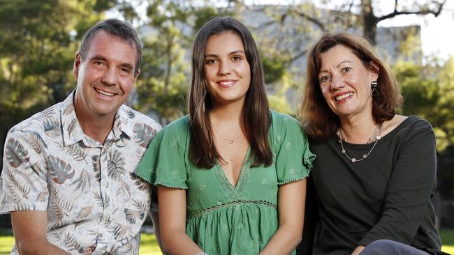 Claire Wastell pictured with her parents Rohan Wastell and Merril Bohn in Camperdown. Picture: Jonathan Ng