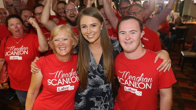 Meaghan Scanlon with her family and supporters on election night. Picture Mike Batterham