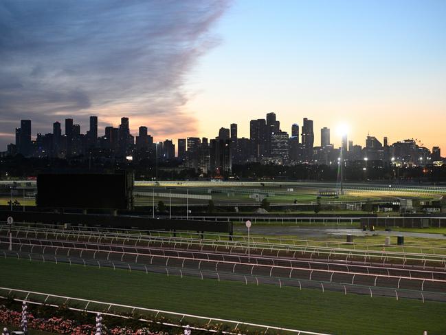 MELBOURNE, AUSTRALIA - FEBRUARY 28: The Melbourne skyline is seen during trackwork at Flemington Racecourse on February 28, 2025 in Melbourne, Australia. (Photo by Vince Caligiuri/Getty Images)