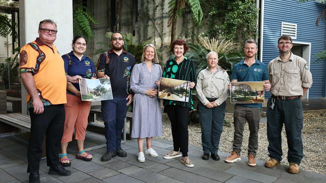 The Queensland Government has announced a new Daintree cultural and ecotourism centre will be built with the assistance of Jabalbina Yalanji Aboriginal Corporation. The $3.76 million project will allows tourists and residents alike to learn and connect with the culture of the Eastern Kuku Yalanji peoples. Jabalbina Yalanji Aboriginal Corporation chief executive Josh Patterson, board director Trinity Clarke and principal ranger Kallum Clarke, Member for Barron River Bree James, Queensland Minister for Aboriginal and Torres Strait Islander Partnerships Fiona Simpson and Queensland Parks and Wildlife Services rangers Rachael Arnold, Matthew Brien and Lachlan Clark will work collaboratively to deliver the new cultural and ecotourism centre. Picture: Brendan Radke