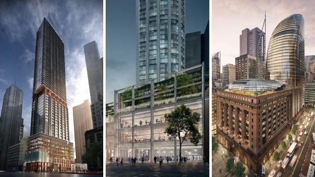 Coming soon: From left, the Greenland Centre; the proposed mixed-use precinct at 505 George St; Martin Place integrated station development next to 50 Martin Place.