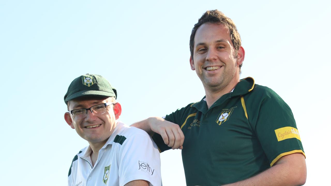 South Road Cricket Club's D grade made a record low score of 2 runs in their innings on the weekend. Mark Mitton (Glasses) and Jordan Davies ( who was last man standing on 0 not out), saw the funny side of it. At South Road cricket club, 16 January 2018. (AAP Image/Dean Martin)