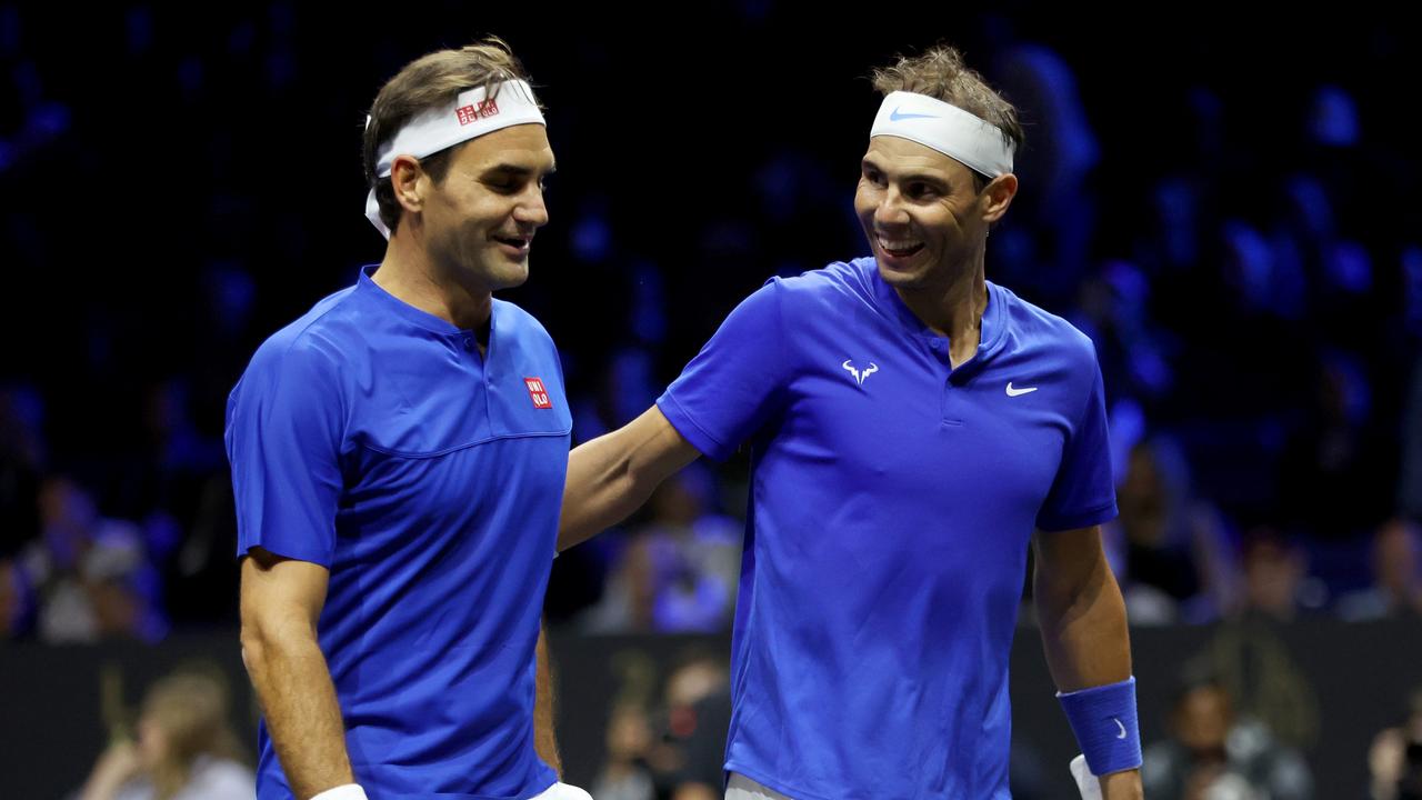 LONDON, ENGLAND – SEPTEMBER 23: Roger Federer and Rafael Nadal of Team Europe interact during the doubles match between Jack Sock and Frances Tiafoe of Team World and Roger Federer and Rafael Nadal of Team Europe during Day One of the Laver Cup at The O2 Arena on September 23, 2022 in London, England. (Photo by Clive Brunskill/Getty Images for Laver Cup)