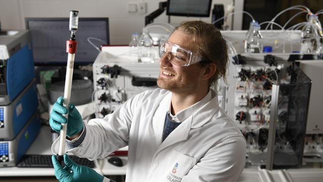 Vaccine researcher and PhD student Lukas Gerstweiler at Adelaide University. Picture: Naomi Jellicoe