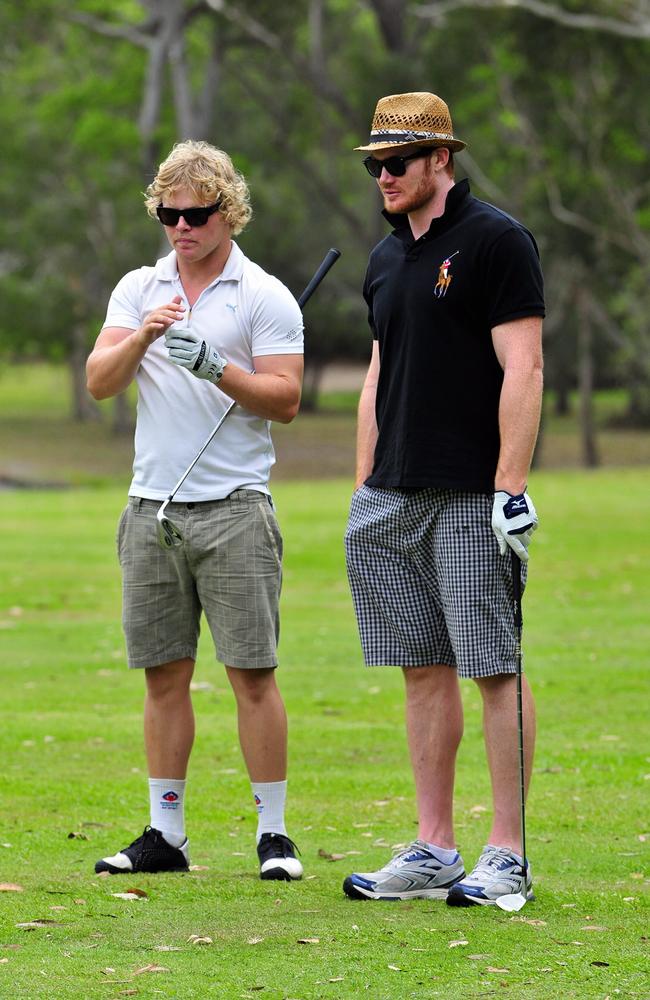 Brisbane Lions players Daniel Rich (left) and Daniel Merrett size up their next shots on the 18th at Tewantin Noosa Golf Club in 2009. Picture: Geoff Potter