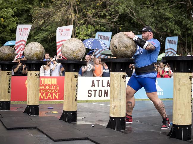 Hafthor Bjornsson competes in the Atlas Stones event at the 2018 World's Strongest Man. Picture: Noel Celis/AFP