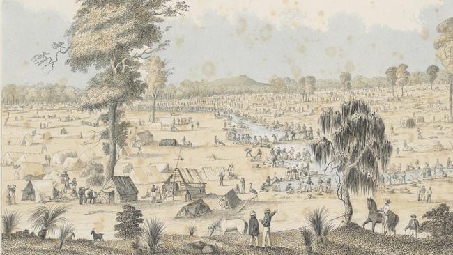 The goldfields of Ballarat in 1851 shortly after the discovery of gold. Picture: State Library of Victoria