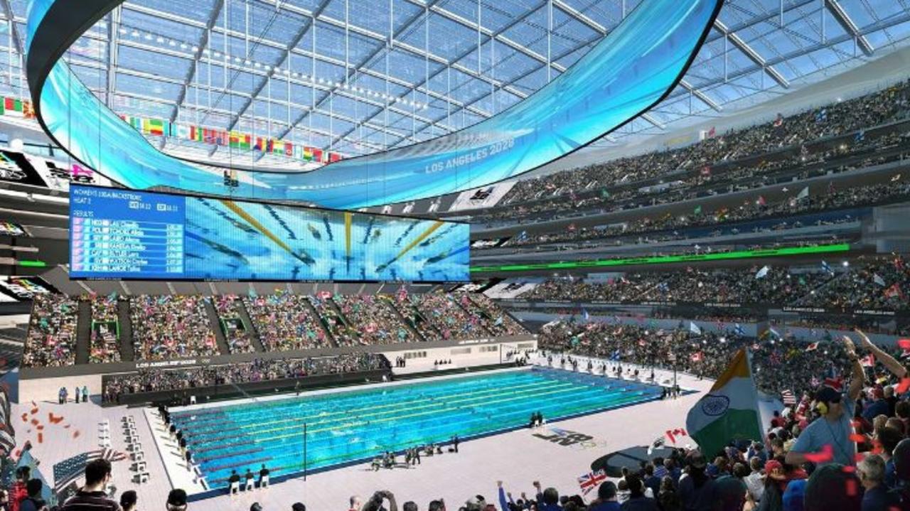 An artist’s impression of the swimming venue that will be built at Sofi Stadium for the Los Angeles Olympics Picture LA2028 Games.