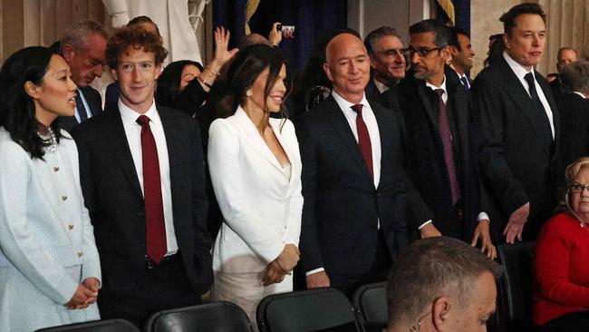 (L-R) Priscilla Chan, Meta founder Mark Zuckerberg, Lauren Sanchez, Amazon founder Jeff Bezos, Google CEO Sundar Pichai and Tesla CEO Elon Musk attend the inauguration ceremony.