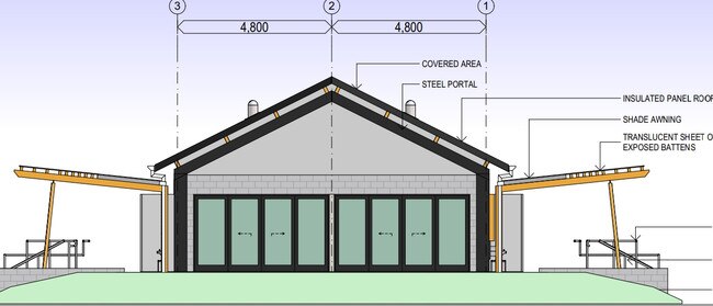 A southerly elevation of the Griffin Sports Complex shows awnings facing sports fields.