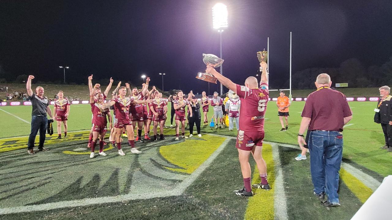 Kawana Dolphins captain Tommy Hearn celebrating the grand final victory over Maroochydore Swans, Picture: Matty Holdsworth