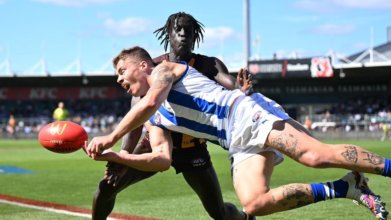 Hawthorn and North Melbourne’s clash at UTAS Stadium (pictured) was brought forward to avoid any potential issues with the stadium lights in Launceston. Picture: Steve Bell / Getty Images