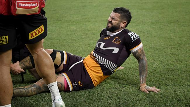 Broncos star Adam Reynolds failed to finish Friday's win over South Sydney after succumbing to a knee injury. Picture: NRL Images