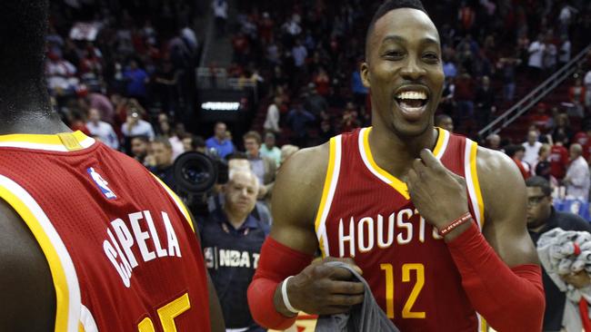 Houston Rockets centre Dwight Howard celebrates after the win.