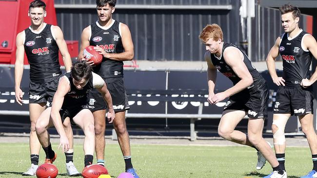 Willem Drew, right, set to pounce on teammate Zak Butters at training. Picture Sarah Reed