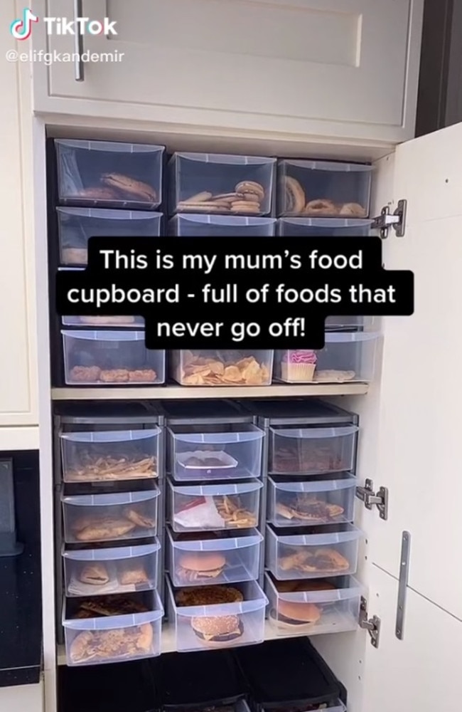 A UK woman has explained why her mum’s pantry is full of fast-food dishes. Picture: Tiktok/elifgkandemir